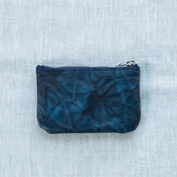 Indigo dyed leather zipper pouch